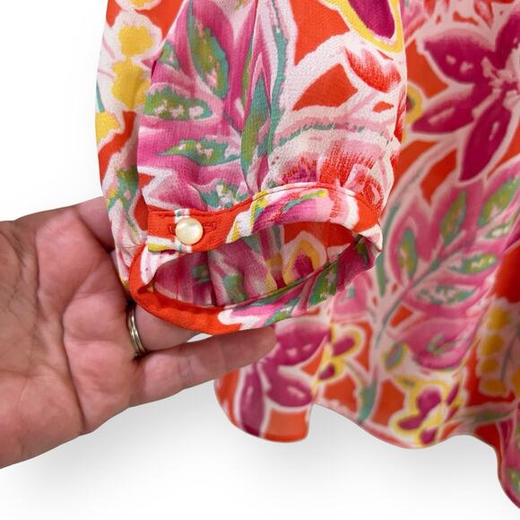 Ralph Lauren CHAPS Womens Blouse Top XS Sheer Chiffon Orange Pink Floral Popover - Picture 4 of 8